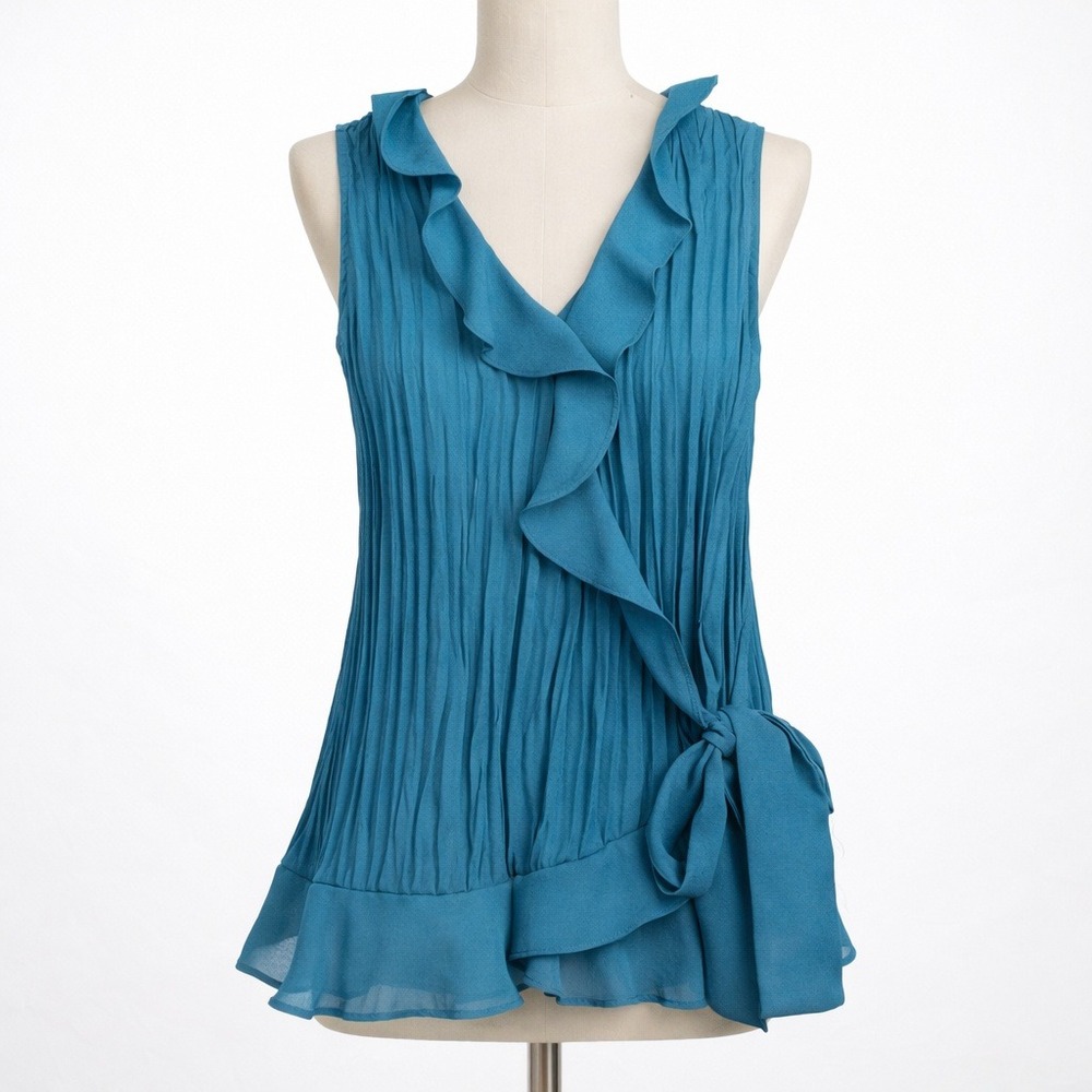 Y2K Coquette Pleated Chiffon Ruffle Tank Size S Teal Romantic Side Tie Preppy